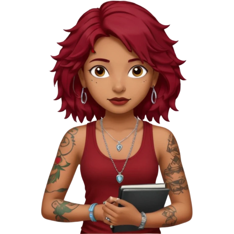 a pretty tan indian bratz girl with messy dark wavyred hair, wearing a dark red tank top, layered silver necklaces. Carrying multiple sketchbooks and pens, tattoos on arm emoji