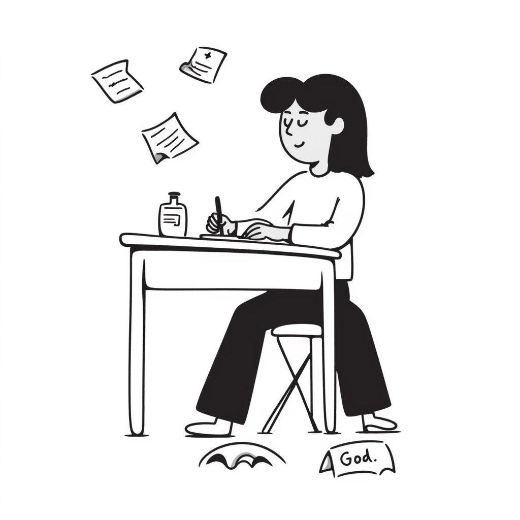 A student at a desk writing an essay that begins with "Dear God" in clear handwriting, surrounded by crumpled paper drafts emoji