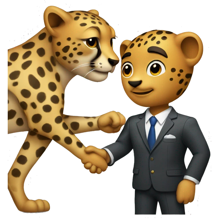 A cheetah in a classic suit shakes hands with a man  emoji