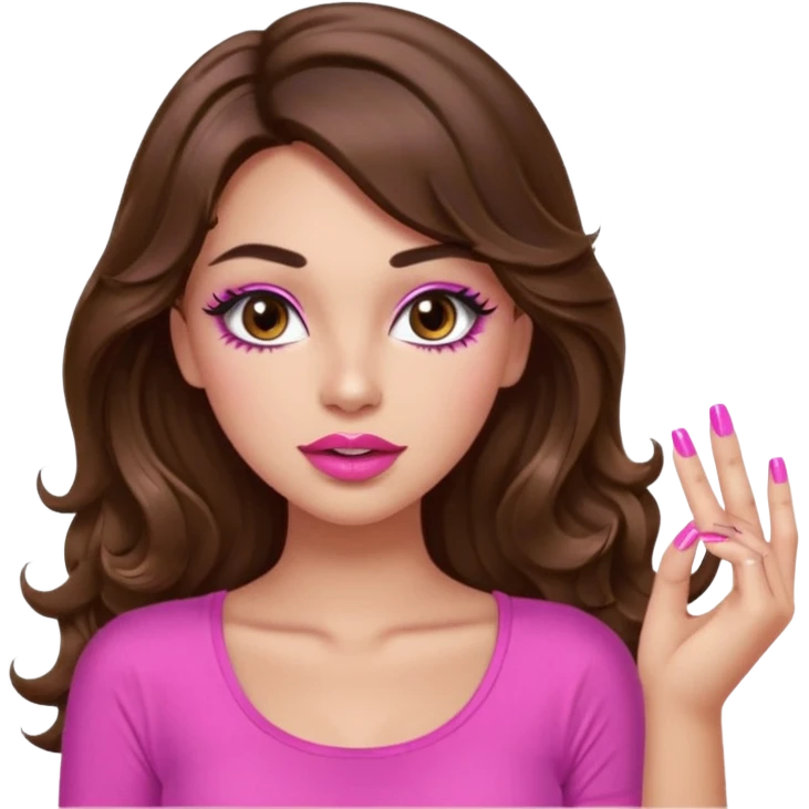 girl with long wavy brown hair, brown eyes, light to medium complexion, in a pink sexy top, pink lips, long lashes, puckered lips, showing my manicure emoji