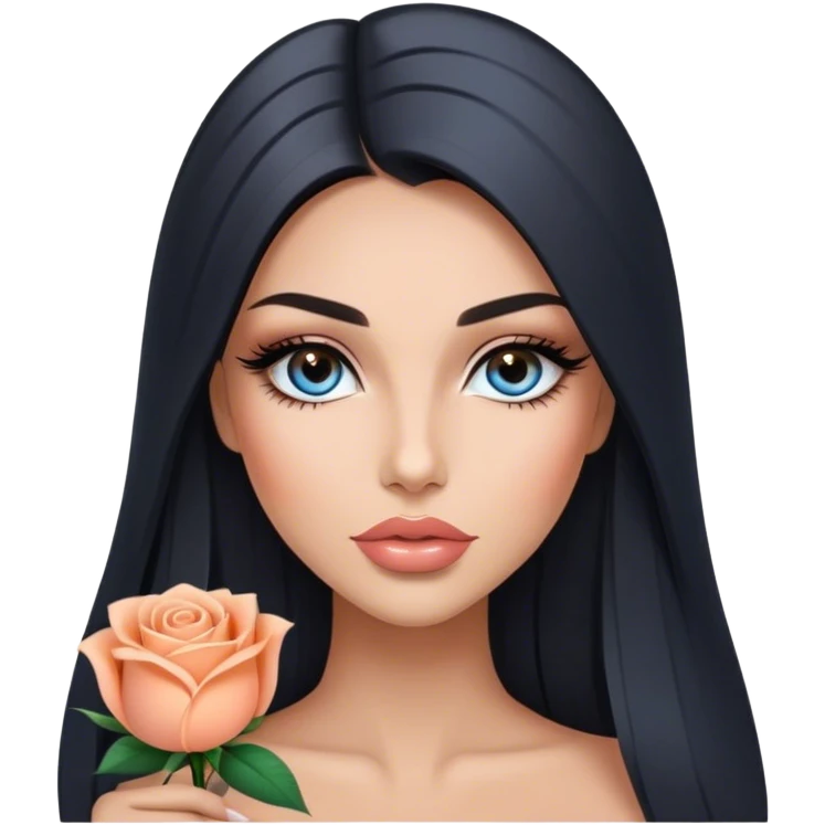 Glamours, tanned, very beautiful girl, with big pump peach-beige-rose lips, long long lashes, black straight smooth silky long hair, straight parting hair, blue-grey eyes emoji