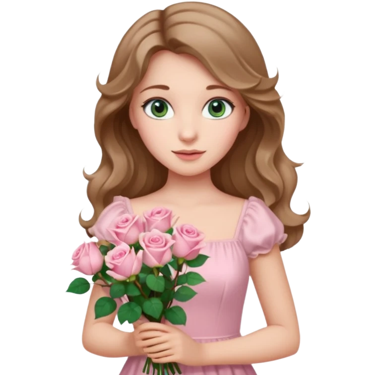 A beautiful princess with blue  green eyes and light brown wavy hair wearing a light pink dress and holding a bouquet of light pink roses  emoji
