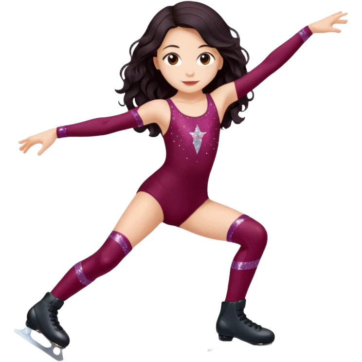 Una patinadora de 12 años y es morena de pelo y lleva un mallott granate con brillos y esta patinando con patines de ruedas en linea y su piel es clara y el pelo es largo negro ondulado emoji