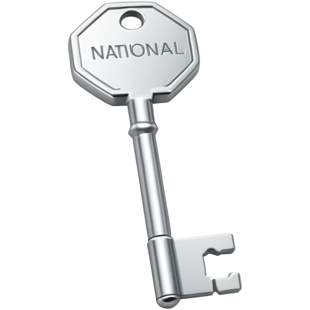 small silver metal key with hexagonal head and the word NATIONAL engraved, clean lines, soft silver tone, minimalistic and precise emoji