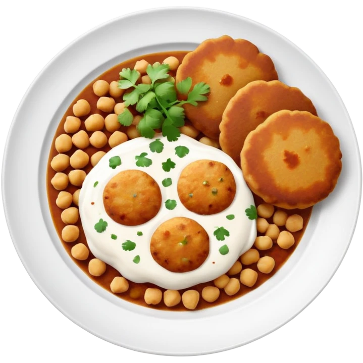 Aloo Tikki Chaat on a small plate with chickpeas, potato patty with yogurt and chutney emoji
