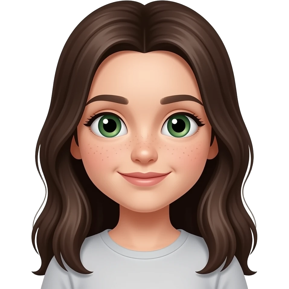 cute girl with long dark brown hair and green eyes nand freckles on nose emoji