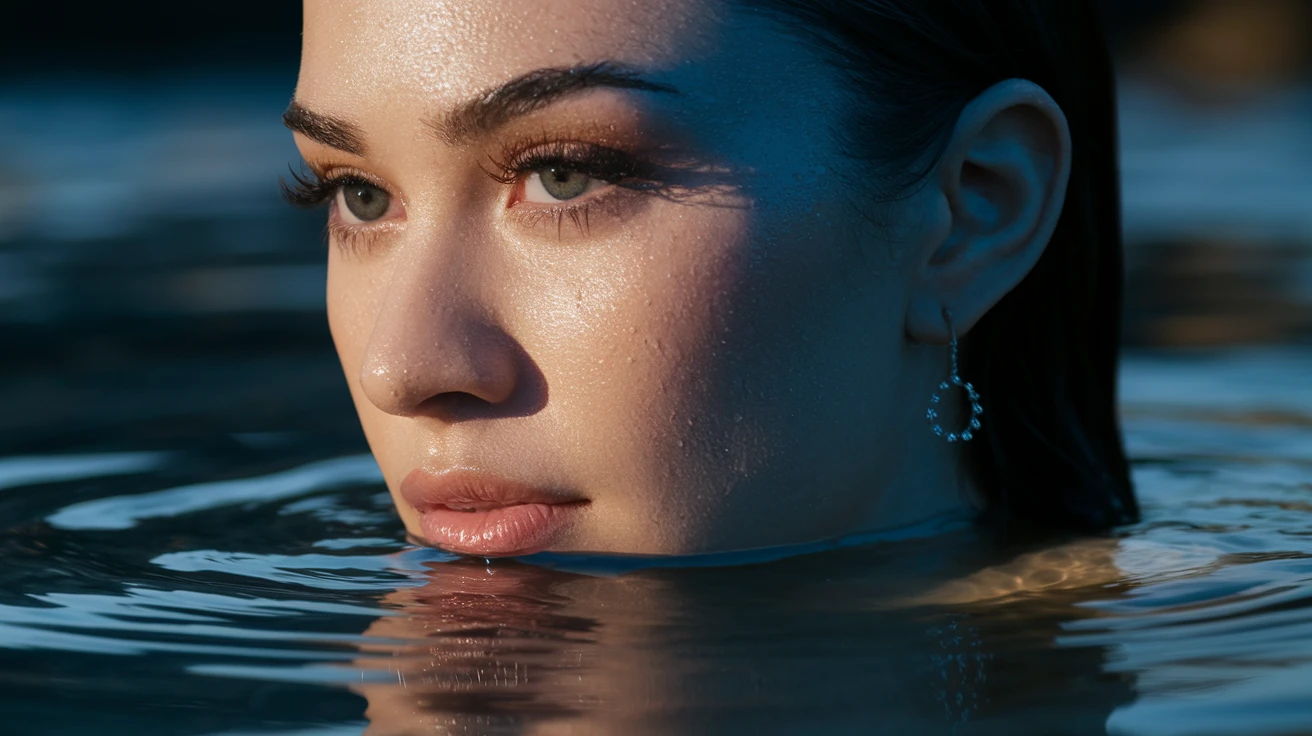 Extreme Closeup photo of a beautifull woman, water light reflection on face, low key light, cinematic light, 8K, very detailed, sharp emoji
