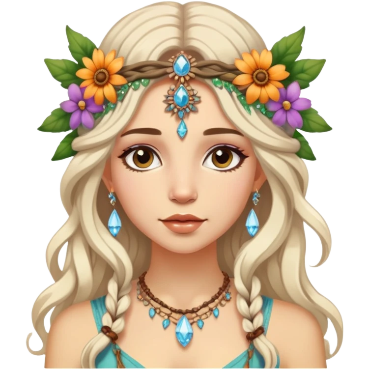 Bohemian hippie fairy flowers in hair, crystal jewelry emoji