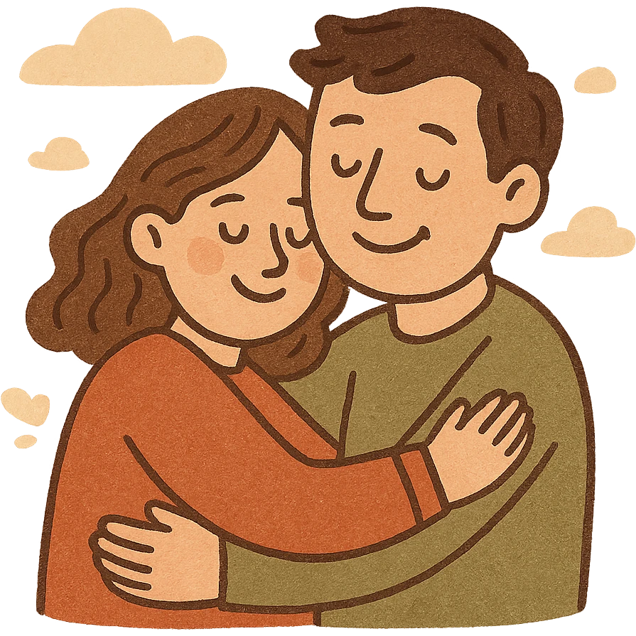 a couple in a close hug, happy and smiling, soft colors emoji