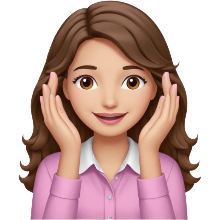 girl with wavy long brown hair, brown eyes, light to medium complexion, long lashes, light pink lipstick, wearing light pink shirt, smiling, hands covering both eyes emoji