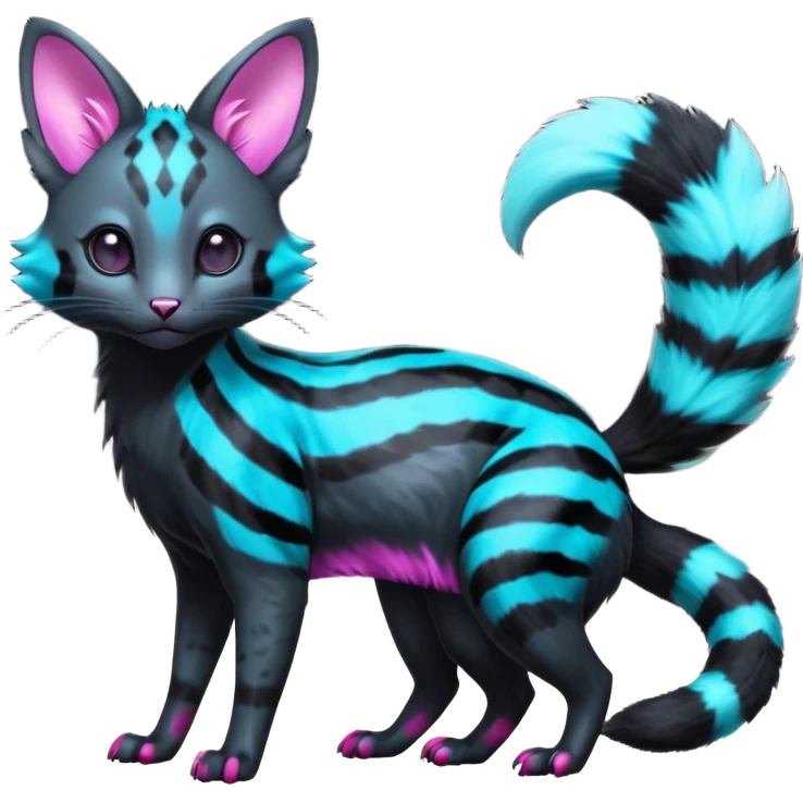 Hyper-realistic onyx-obsidian-pitch-Black-coated with glowing random cyan and magenta markings divine beautiful elegant pretty precious cute young youthful  Fakémon-Pokémon-alien-opossum-feline-serval-caracal-chinchilla-Minccino-hybrid-creature with a big fluffy bushy striped tail (full body) emoji