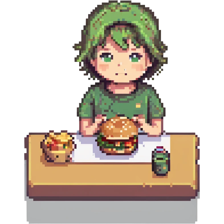 kid eating a burger, wearing a green t-shirt, pixel art style emoji