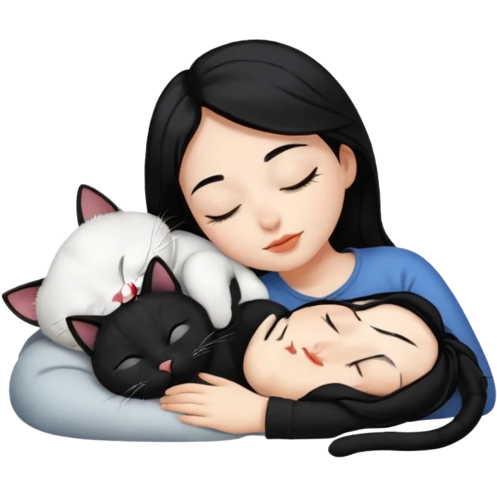 Girl with black hair and white skin sleeping next to a black cat emoji