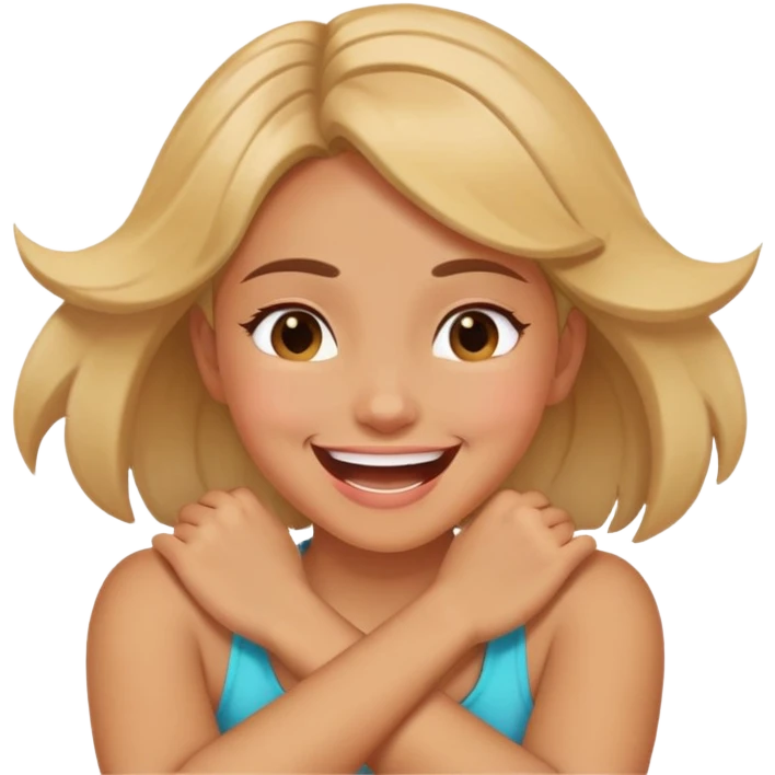 girl with crossed arms holding neck laughing with crosses out eyes emoji