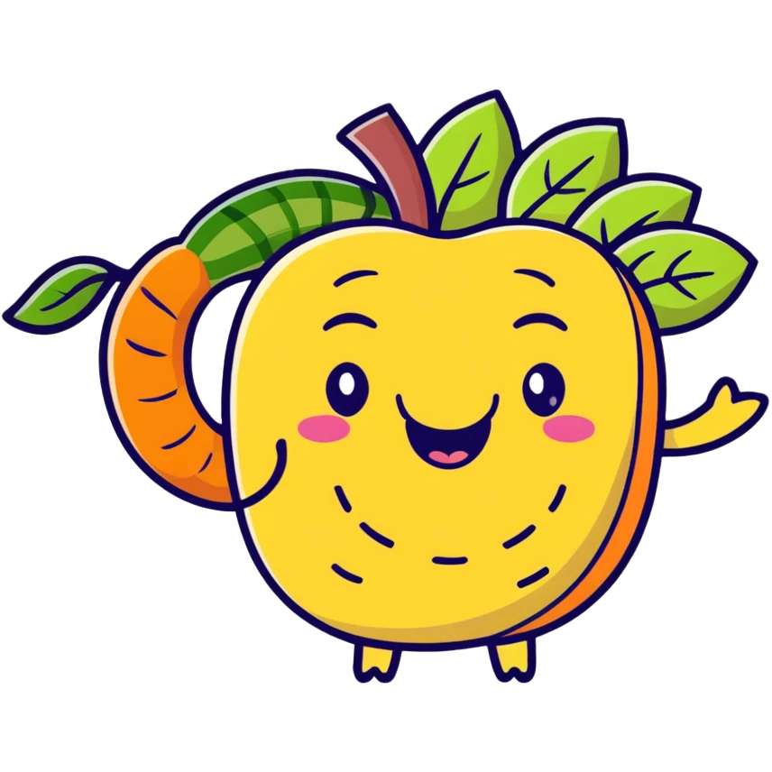 Cute cartoon representation of dietary fiber with happy vegetables, fruits, and whole grains linked by fibrous strands, with a smiling intestine character showing improved digestive health emoji