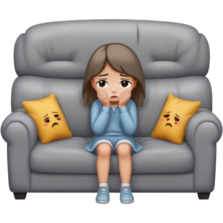sad girl full body crying on the cozy grey couch  emoji