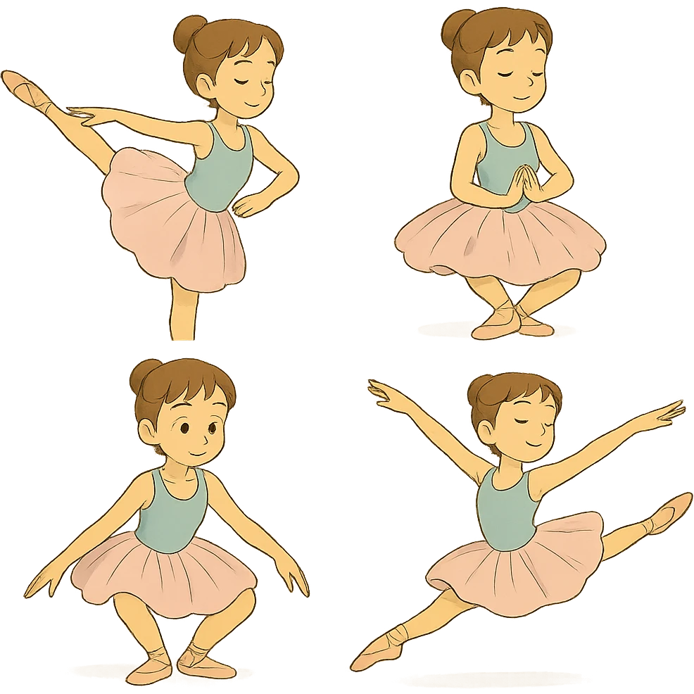 Create several ballet poses: arabesque, pirouette, plié, and grand jeté. Keep the same character and color palette. emoji