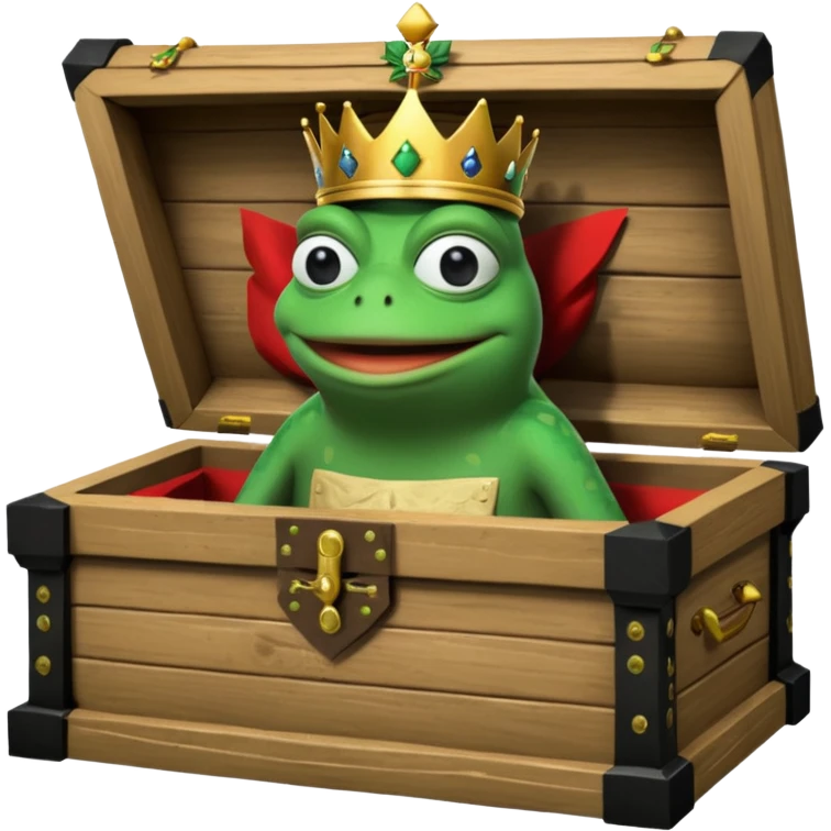Emoji of an empty wooden coffin with its lid on top, the word ‘ECHO’ carved into the lid. The coffin is shown from the outside. A king-like Pepe the Frog, standing outside the coffin, is hammering nails into the lid to seal it shut. No character is inside the coffin. Not a treasure chest. emoji