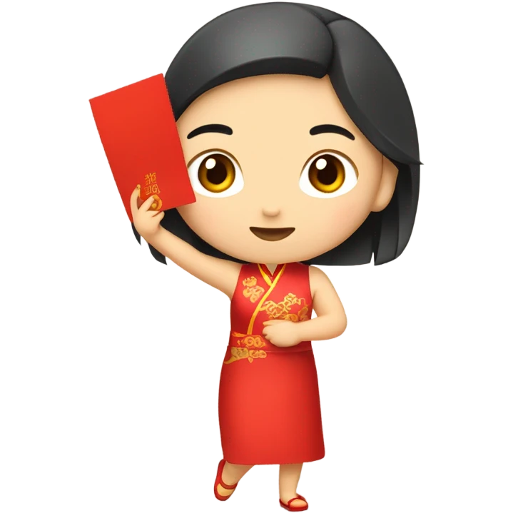 Beautiful youngchinese girl wearing red cheongsam holding red envelope “福” emoji