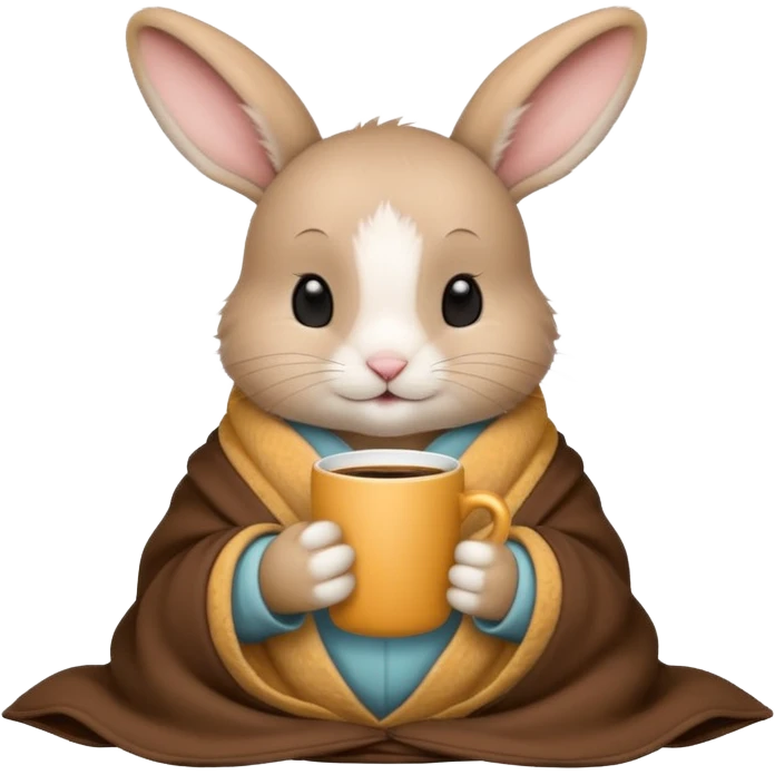 baby rabbit in cozy blanket, drink coffee emoji