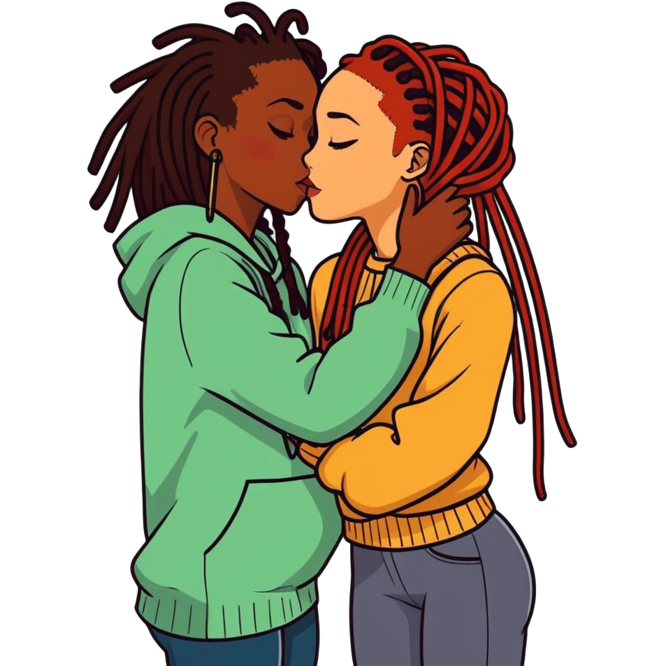A black girl with dreads kissing a medium skin toned girl with dark red hair emoji