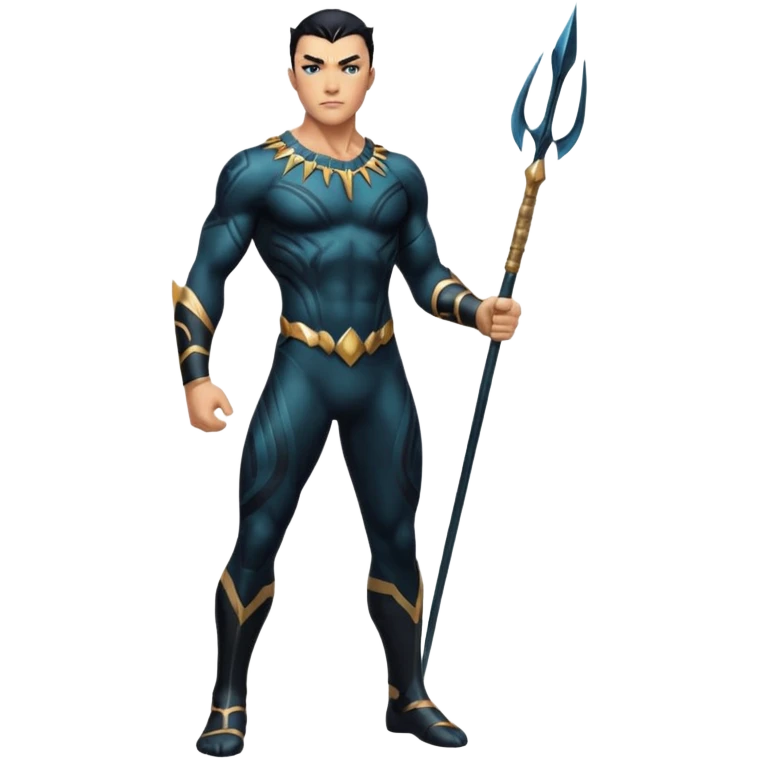 Namor from Black Panther 2, full body, standing confidently, holding a sharpened spear, wings at his feet emoji