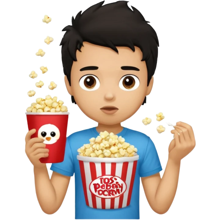 generate a pretty tan bratz boy with a brown tshirt on. eating popcorn. messy black hair emoji