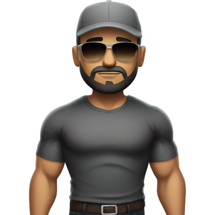 Bald Mexican young man with round face a dark beard baseball cap and dark cool sunglasses looking tough huge muscles emoji
