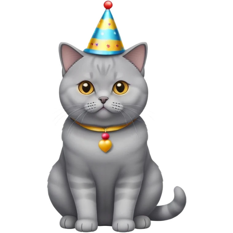 British Shorthair cat full body sitting with a party hat emoji