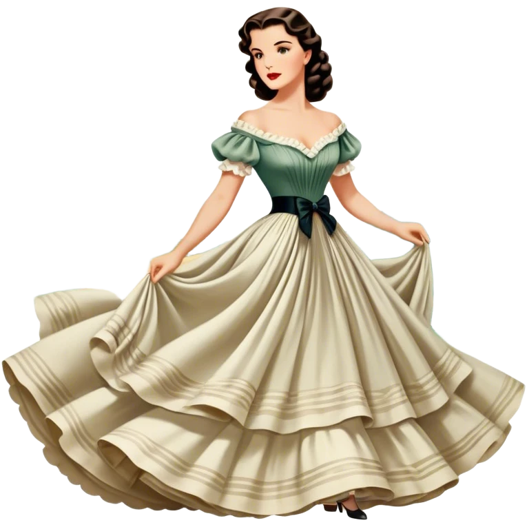 Icon for Romance Movie: A vintage movie poster-style design inspired by Gone with the Wind. Include romantic, sweeping imagery like Scarlett O'Hara in a flowing dress, Rhett Butler, a plantation backdrop, and fluttering wind-blown fabric. Soft, nostalgic cinematic feel. Transparent background. emoji