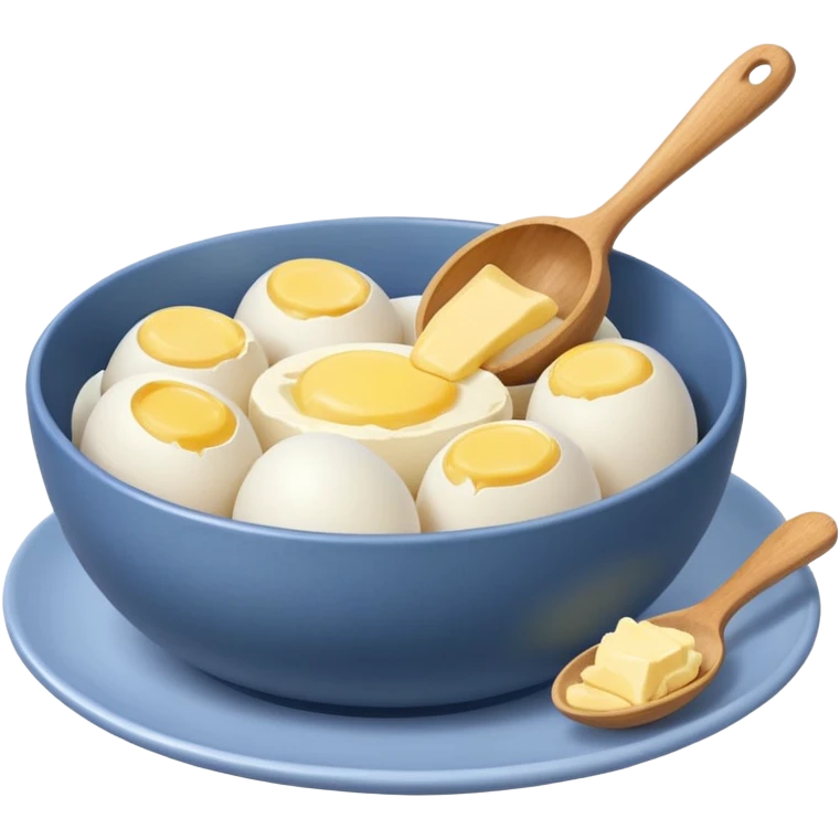 a dozen eggs, a ceramic mixing bowl with a wooden spoon and a plate of butter emoji