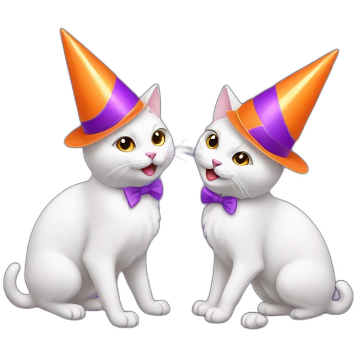 two white cats fulll body dancing with orange and purple party hats on emoji