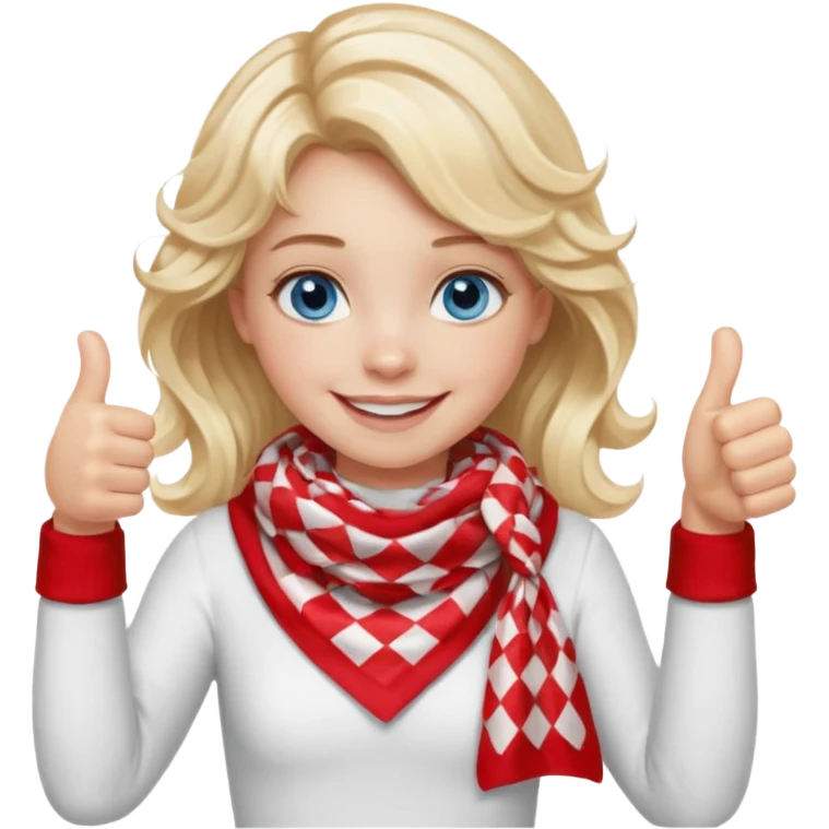 Blonde Girl, Blue Eyes, wavy hair, smiling, thumbs up, wearing red Checkered Triangle scarf, white dress emoji