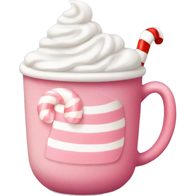 Pink hot cocoa mug with whipped cream and candy cane, cozy winter vibe emoji