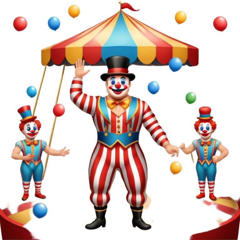 Icon for Circus Arts: a vibrant circus arena with a strongman in a striped costume, a juggler, and a clown performing. The icon should capture the excitement and energy of a circus show, with emphasis on skill and entertainment. Transparent background. emoji