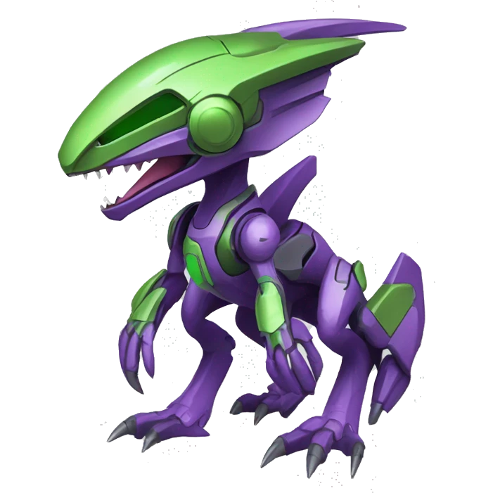 a purple-green Genesect-Raptor-Fakémon—hybrid with a futuristic visor-helmet full body emoji