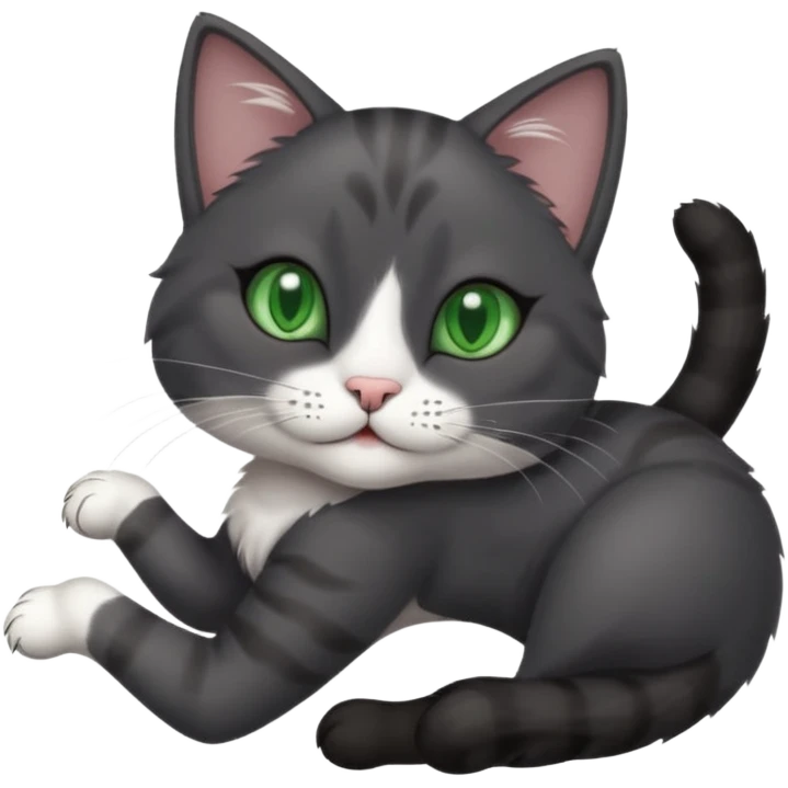 beautiful female solid dark grey cat with green eyes, white toes/paws and white patch on her chest rolling upside down emoji