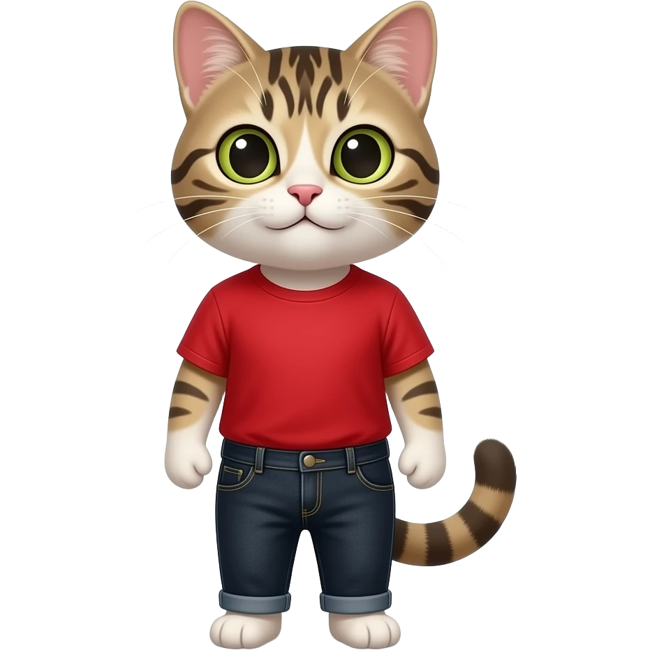 Un gato con camiseta roja y pantalón vaquero negro emoji