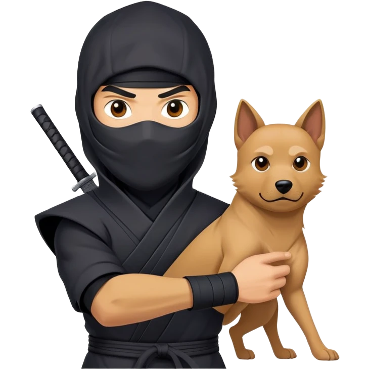 clash-of-clans-aesthetic_-cinematic-mysterious-male-ninja-portrait-emoji, rendered in a flat, vector-style with minimal shading and bold, simplified shapes, his arm is stretched out  with a head slightly turned revealing intense, focused eyes. the ninja is accompanied by a Ninken dog emoji