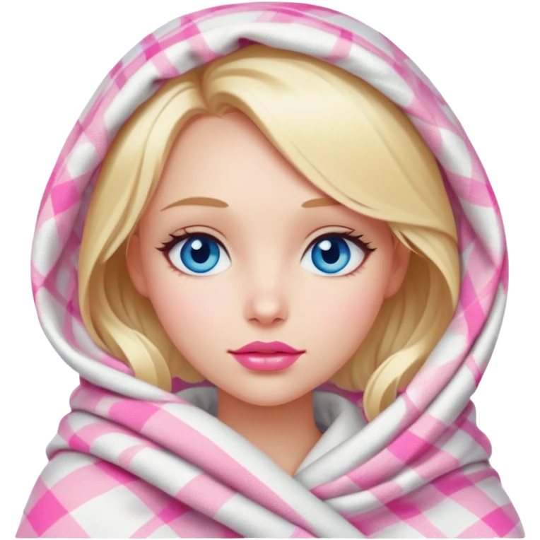 A beautiful blonde girl , blue eyes, pink lips is wrapped in a white plaid with her head emoji