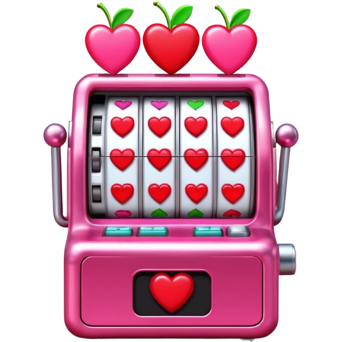 A 3D cartoon slot machine showing hearts and cherries, shiny metallic finish, Memoji-style realism. emoji