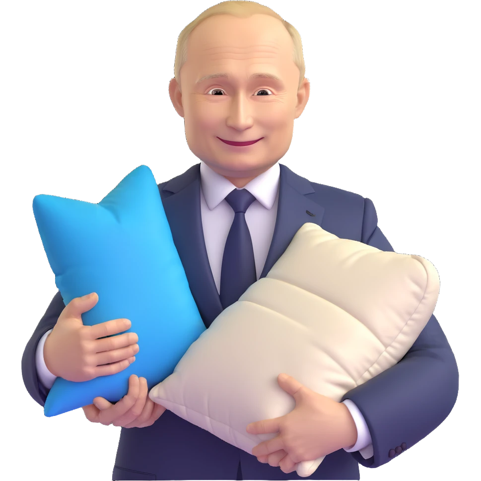 Vladimir Putin in a suit smiling and holding a memory foam pillow with an Amazon package next to him emoji