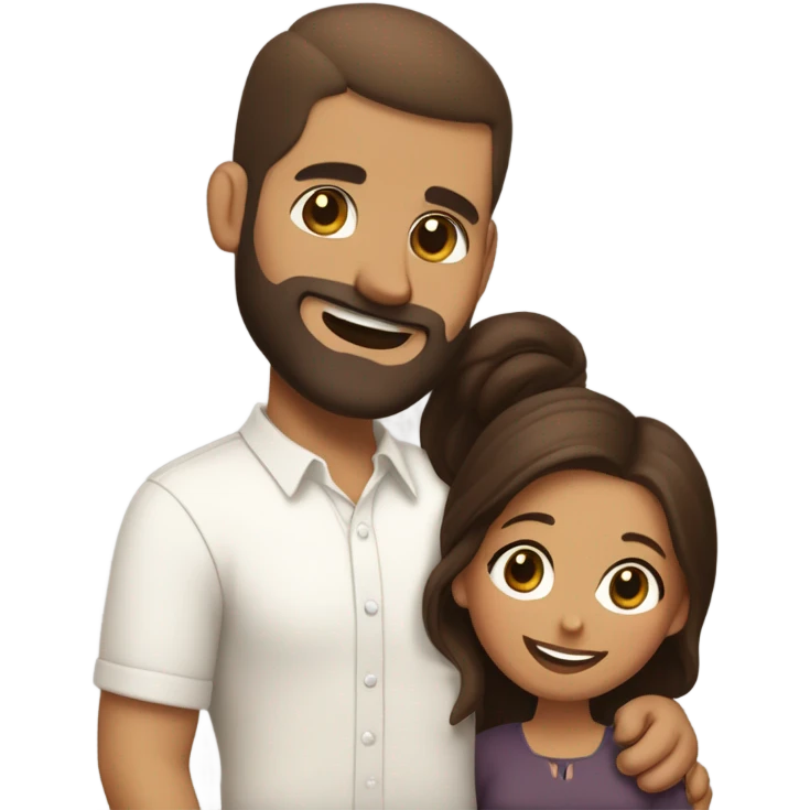 Brown-haired Puerto Rican woman with dark brown eyes wearing a cute blouse giving a comforting hug to a short, bald man with brown eyes, laugh lines, and a beard emoji