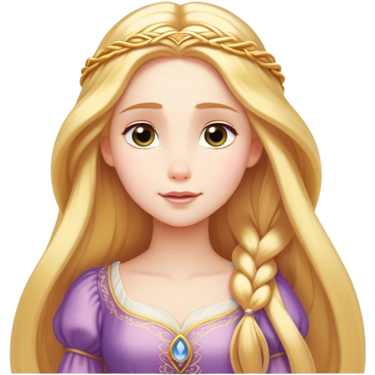 Cinematic Serene Rapunzel Portrait Emoji, rendered in a simplified vector style. Depict a gentle Rapunzel (chest and above) with delicate porcelain skin and long, shimmering golden hair, her expression calm and reflective, dressed in her traditional attire. The image is imbued with a soft, luminous glow and a subtle glowing outline. emoji