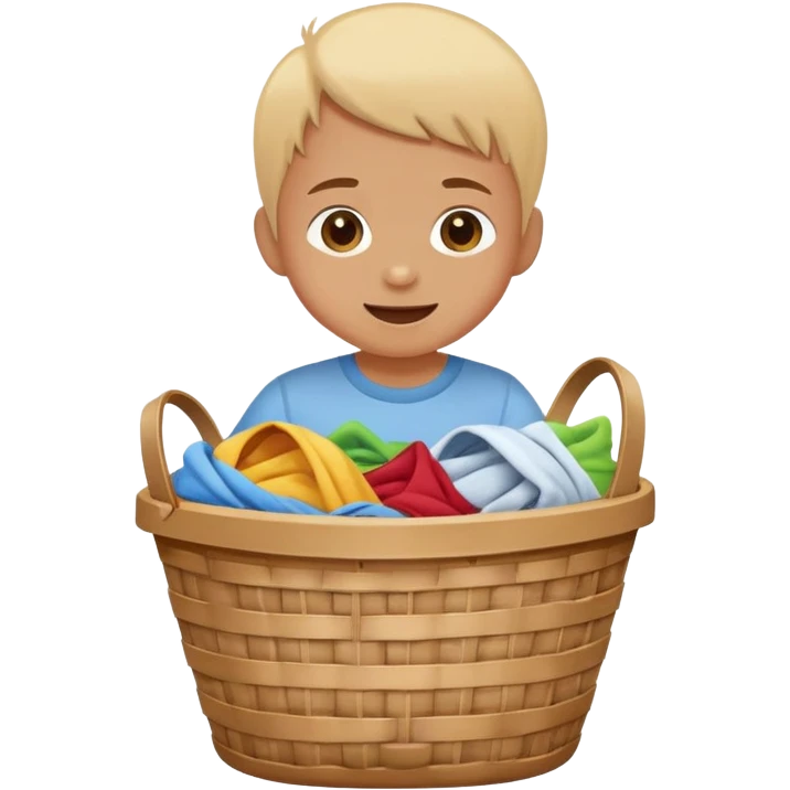 child dropping dirty clothes into a basket, cheerful and responsible emoji