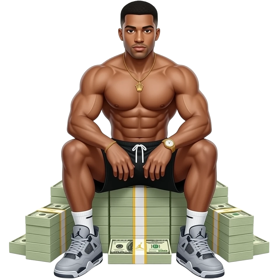 make a 20 year old man black skinned with like soooo many abs it’s hard to count and giant muscles wearing black jordan shorts and the jordan guy is white with grey jordan 4’s and a gold rolex watch on sitting on stacks of money so hih his feet don’t touch the ground emoji
