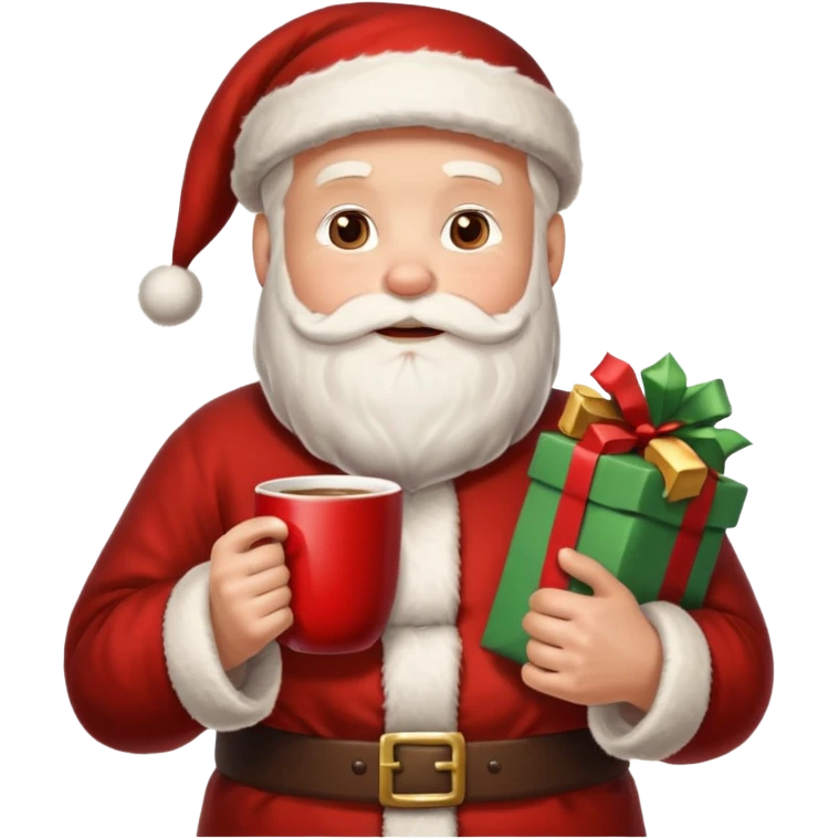 Санта клаус с мешком подарков за спиной и кружкой какао в руке emoji