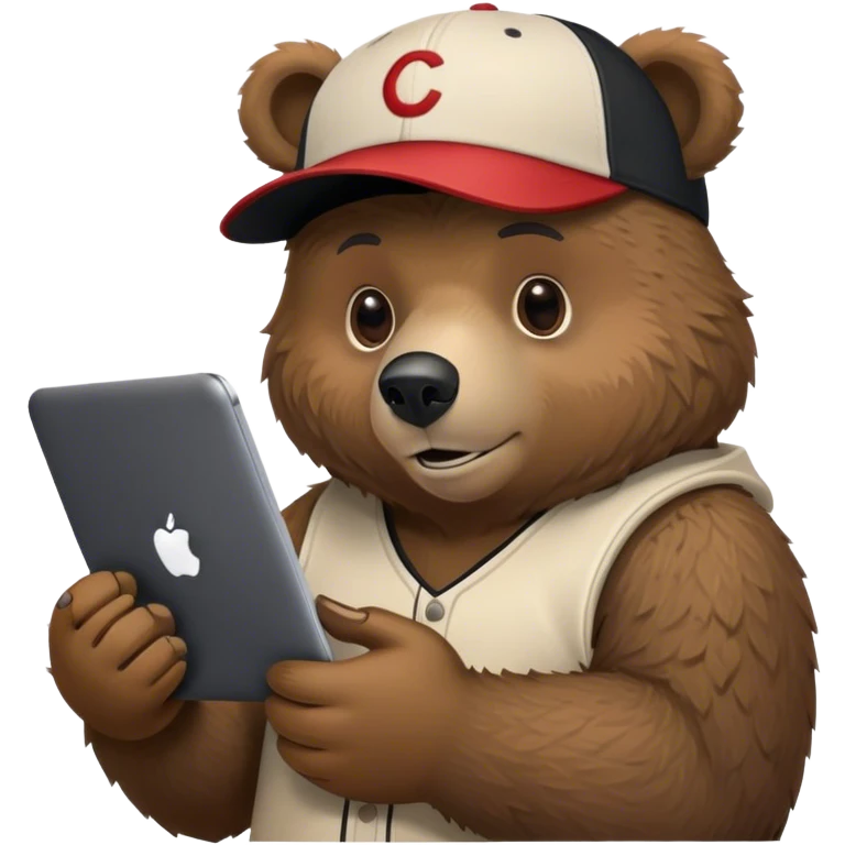 Bear wearing a cap and carrying a black MacBook in his left hand and in the other texting on an iPhone emoji