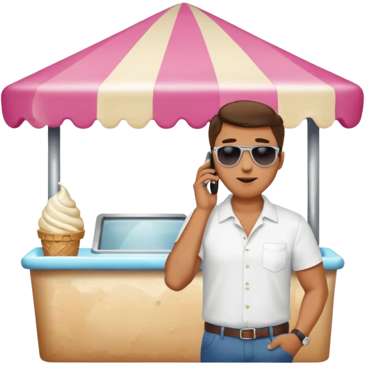 a man standing behind an ice cream stand. he is talking on his phone emoji