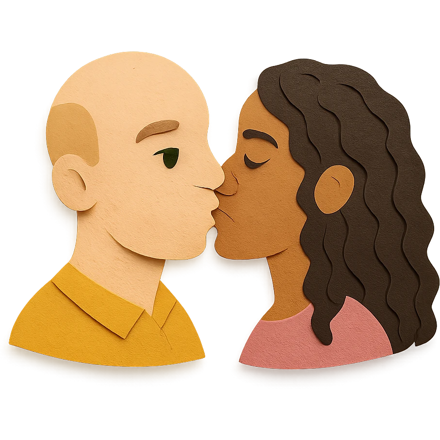caucasian bald man with green eyes and caucasian woman with long curly dark hair and brown eyes kissing, paper craft style emoji
